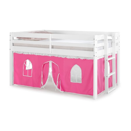Alaterre Furniture Jasper Twin Junior Loft Bed, White Frame and Pink/White Bottom Playhouse Tent AJJP00WHATPWH